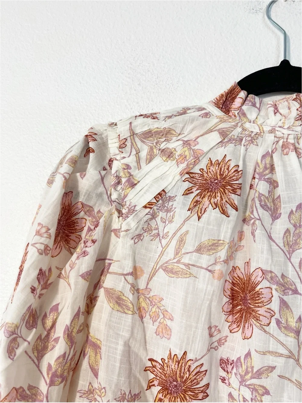 Free People Meant to Be Floral Blouse Tie-Neck Puff Sleeve XS Victorian Boho